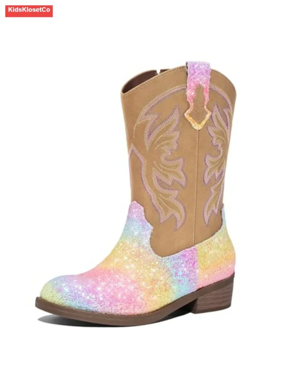 Girls Glitter Cowboy Boots Round Toe Mid Calf Block Heel Zipper